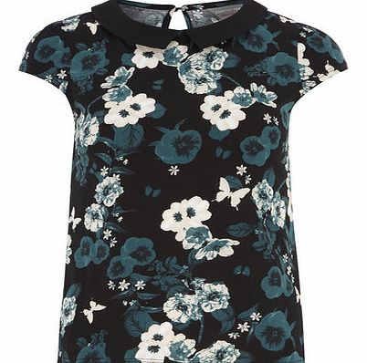 Dorothy Perkins Womens Petite floral collar tee- Turquoise