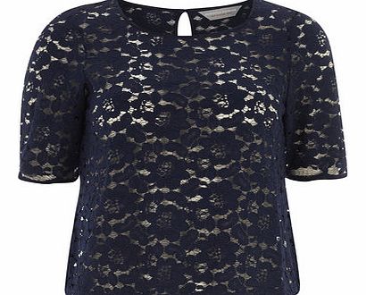 Dorothy Perkins Womens Petite navy scallop lace tee- Navy