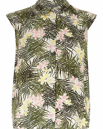 Womens Petite tropical printed shirt- Khaki