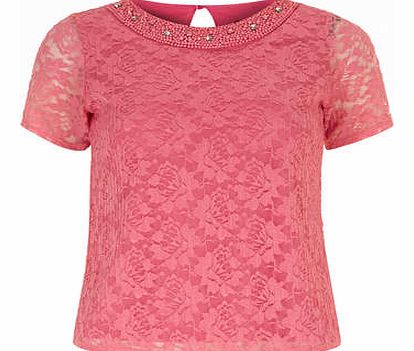 Womens Pink Short Sleeve Lace Tee- Pink DP05454514
