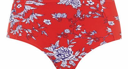 Womens Red Floral High Waist Bikini Bottoms- Red