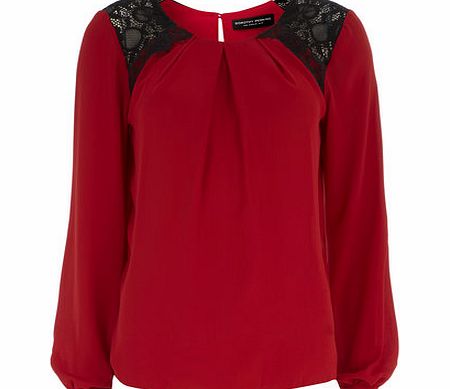 Dorothy Perkins Womens Red Long Sleeve Lace Shoulder Top- Red