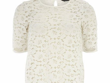 Dorothy Perkins Womens White 3/4 Sleeve Scallop Lace Top- White