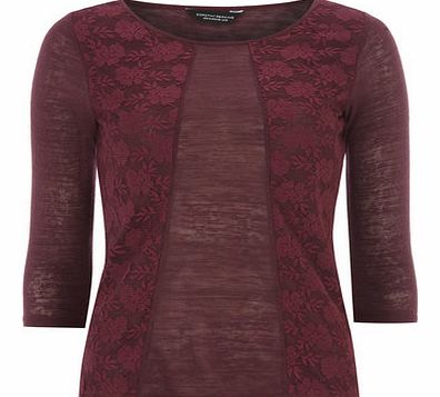 Dorothy Perkins Womens Wine Lace Panel Jersey Knit Top- Red
