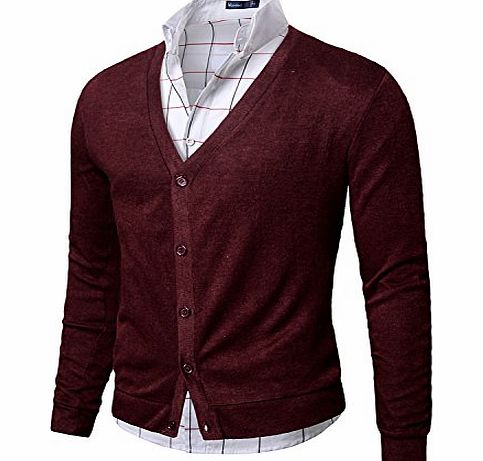 Doublju Mens Casual V-neck Button Cardigan Sweater WINE (005D)