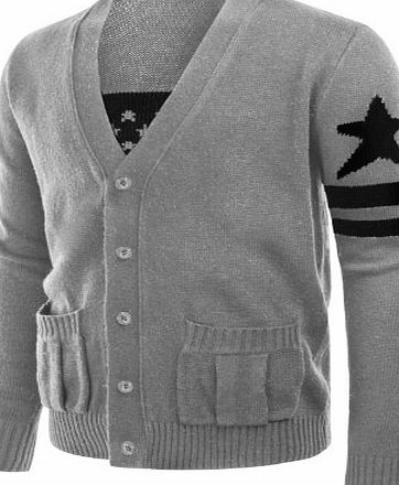 Doublju Mens V-neck Sweater Cardigan with star-stripe on the sleeve Grey M