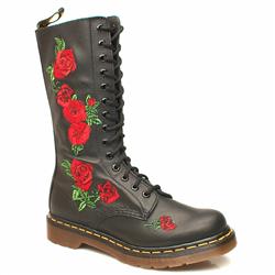 Dr Martens Female 14 Tie Emb Roses Boot Leather Upper Alternative in Black and Red