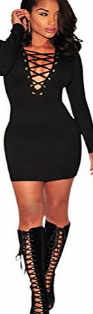 DRESHOW Womens Long Sleeve Deep V-neck Stretch Bodycon Party Bandage Mini Dress Black
