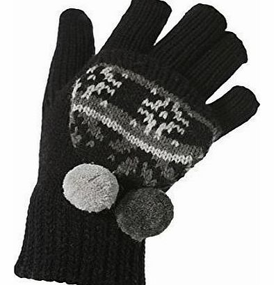 Drew Brady Girls Fairisle Pom Pom Fingerless Mitten Cap Gloves One Size (Black)