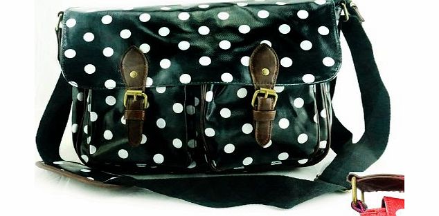 DZYNA BAGS BD23 RETRO VINTAGE BLACK POLKA DOT OILCLOTH LADIES CROSS BODY SATCHEL MESSENGER SHOULDER SCHOOL HAND BAG WITH SPECIAL INSIDE POCKET FOR YOUR IPAD