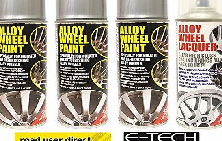 E-Tech 3 x E-Tech Silver Wheel Paint and 1 x Clear Lacquer Car Alloy Wheel Spray Paint (4 Cans In Total)
