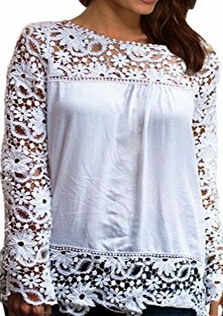 EA Selection Womens Crocheted Lace Tee Fashion Splicing Summer T shirt Tops Blouse White Size 4XL