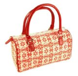 (Mizz) Barrel Hand Bag - Red and Pale Pink Canvas