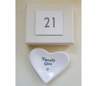 East of India Twenty One White Porcelain Heart Dish Gift - 21st Birthday Gift