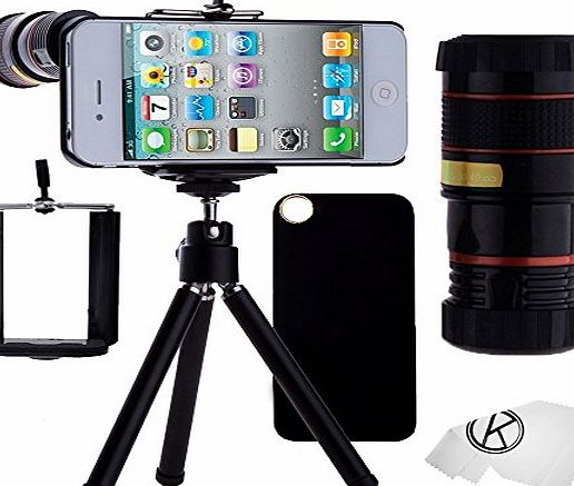 iPhone 4/4S Camera Lens Kit including 8x Telephoto Lens / Mini Tripod / Universal Phone Holder / Hard Case for iPhone 4 or 4S / Velvet Phone Bag / CamKix Microfiber Cleaning Cloth - Awesome Accessori