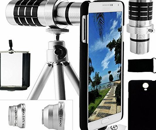 Samsung Galaxy Note 3 Camera Lens Kit including a 12x Telephoto Lens / Fisheye Lens / Macro Lens / Wide Angle Lens / Mini Tripod / Universal Phone Holder / Telephoto Lens Holder Ring / Hard Case for N