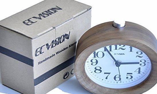 ECVISION Alarm Clock Classic Small Round Silent Beech Wood Table Alarm Clock Travel Clock (90*90*50, Black Walnut Wooden)