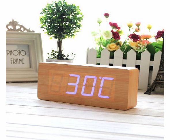 Wood Grain Clock Fashion Wood Alarm Clock Green LED Digital Clock - Time Temperature Date Display- Sound Control- with USB Cable