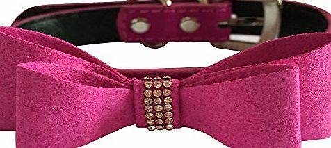 Eizur Pet Dog Collar Rhinestone PU Leather Puppy Necklace Adjustable Bow Tie Band Costume Outfits Size L - Rose
