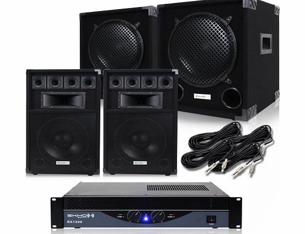 Ekho 2x Ekho 12`` Party DJ Speakers   2x 12`` Bass Subwoofers   PA Amplifier   Cables Disco System 2400W
