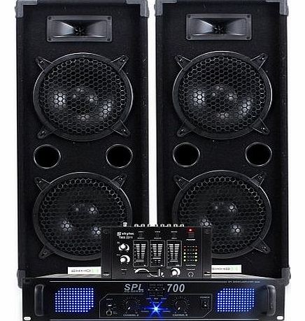 2x Ekho Dual 2 x 8`` Disco Speakers + PA Amplifier + Cables + DJ Mixer Party Home Audio System 1600W