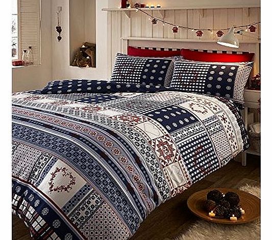 BRUSHED COTTON FLANNELETTE THERMAL KING DUVET COVER SET SNOWFLAKE NORDIC NAVY