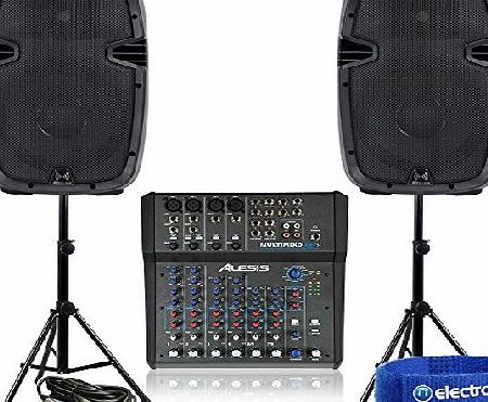 Electromarket Alesis MultiMix 8 Channel Studio PA Mixer   2x Active Speakers   Stands 1600W