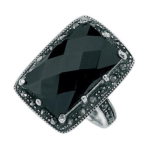 Black Agate and Marcasite Ring In Sterling Silver By Elements