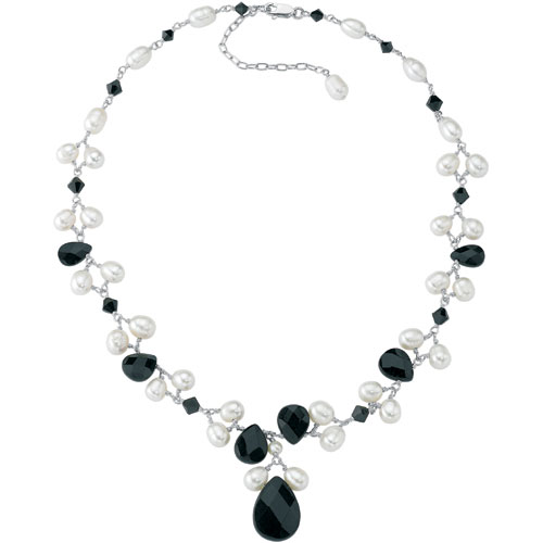 Onyx, Freshwater Pearl and Crystal Adjustable Necklace In Silver By Elements