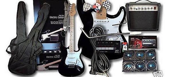FULL SIZE ELECTRIC GUITAR PACKAGE IN BLACK WITH 15 WATT AMP & ELECTRONIC GUITAR TUNER