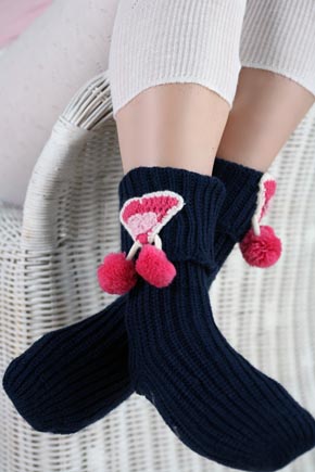 Ladies 1 Pair Elle Crochet Heart Knitted Slipper Socks In 4 Colours Dark Blue