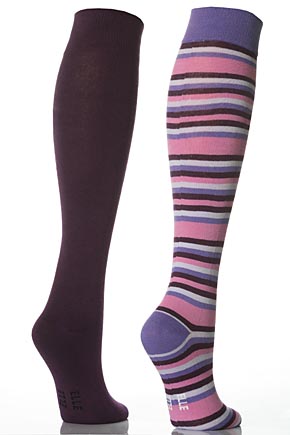 Ladies 2 Pair Elle Cotton Knee Highs - One Striped and One Plain In 6 Colours Purple