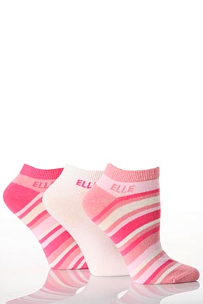 Elle Ladies 3 Pair Elle Cotton Trainer Liners 2 Striped and 1 Plain Pinks