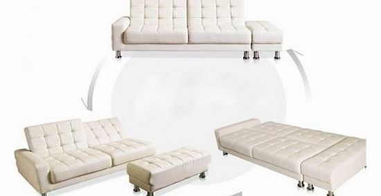 3,2 Seater Faux Leather Sofa Bed Futon Small Double Size Sofa Bed White with Foot Stool ottoman storage unit