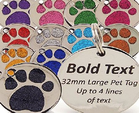 Engravables Personalised Engraved 32mm Glitter Paw Print Tag BOLD Contrasting Text, LARGE DOG Pet ID Tags (Red)
