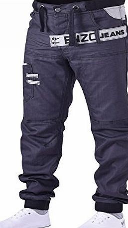 Enzo Mens Enzo Black Designer Cuffed Jogger Jean Coated Denim Waist 30`` Leg 32`` (30R) Black