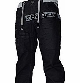 Enzo Mens Enzo EZ287 Black Designer Cuffed Jogger Jean Coated Denim Waist 36 Leg 32`` (36R) EZ287- Enzo Black Denim