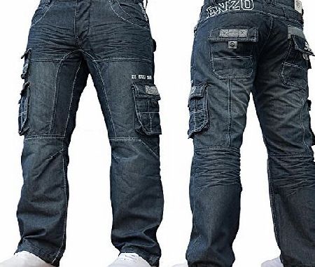 Enzo New Mens Designer Branded Heavy Duty multi Pocket Dark Cargo Combat Denim Jeans Pants All Waist amp; Leg Sizes Mid Wash 34W X 32L