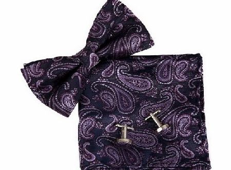 BT2089 Purple Paisley Relationships Formal Wear fashion Gift Idea Silk Pre-tied Bowtie Cufflinks Hanky Gift Box Set By Epoint
