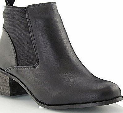 ESSEX GLAM LADIES ANKLE PULL ON VINTAGE PIXIE ELASTICATED WOMENS LOW HEEL CHELSEA BOOTS SHOES SIZE 3-8 (UK 4 / EU 37 / US 6, BLACK SYNTHETIC LEATHER)