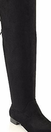 ESSEX GLAM NEW WOMENS OVER THE KNEE THIGH HIGH ELASTICATED LADIES FLAT STRETCH BOOTS 3-8 (UK 8 / EU 41 / US 10, BLACK FAUX SUEDE)