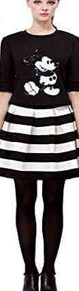 Etosell Retro Womens Black White Striped Mini Dress Stretch High Waist Tutu Skirt Black Asian M