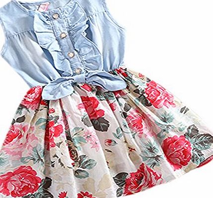 Etosell01 Princess Flower Ruffled Jean Denim Kids Girls Sundress Skirts