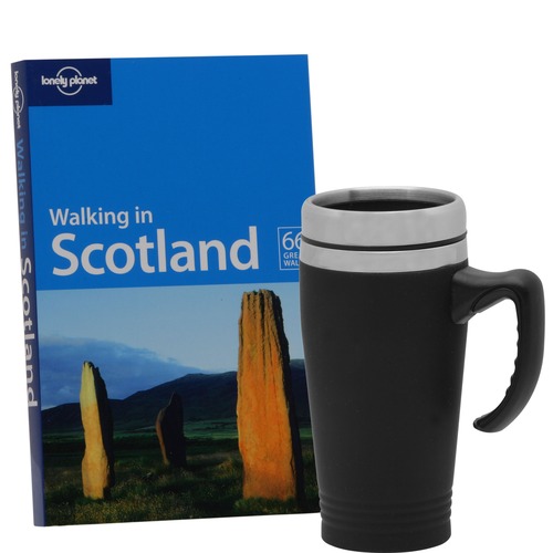 Thermal Mug and Lonely Planet Walking in Scotland Guide book