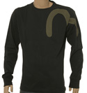 Evisu Faded Black Long Sleeve Cotton T-Shirt with Large Green Logo