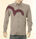 Evisu Mens Grey Long Sleeve Maroon Logo Cotton Shirt