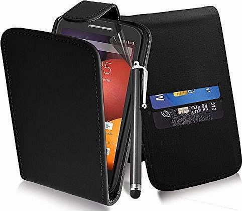 Excellent Accessories Motorola Moto E - Black Exclusive Leather Easy Clip On WALLET / FLIP Case / Cover / Pouch With Card Holders   Free Clear Screen Protector   Polishing Cloth   Touch Screen Stylus
