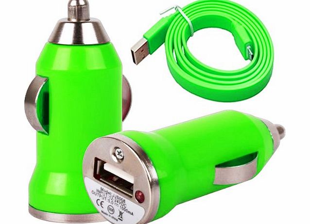 Excellent Accessories Motorola Moto E - Green Universal Mini USB Bullet Style DC In Car Charger 12V USB Adapter   Micro USB Data Cable ( 2-in-1 Pack )