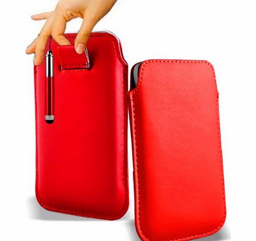 Excellent Accessories Motorola Moto E Red Leather Pull Tab Protective Pouch Case Cover With Pull Tab Function   Touch Screen Stylus Pen - 2 in 1 Pack