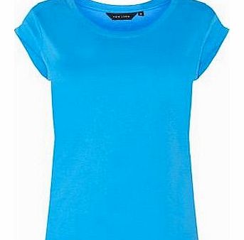 Bright Blue Roll Sleeve Plain T-Shirt 3103450
